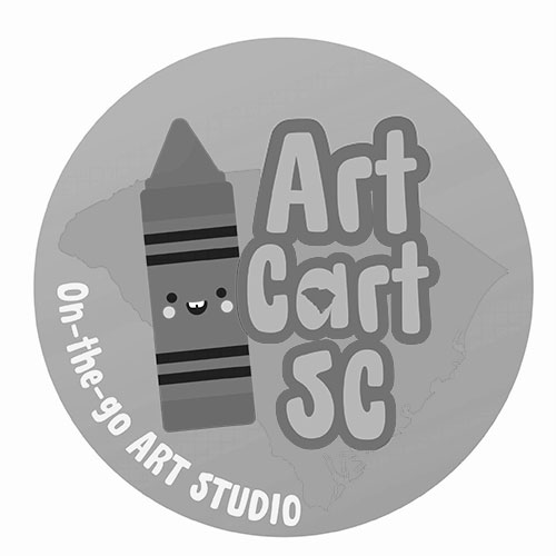 Gray logo with a smiling crayon, "Art Cart SC" text, and "On-the-go ART STUDIO" around the edge.