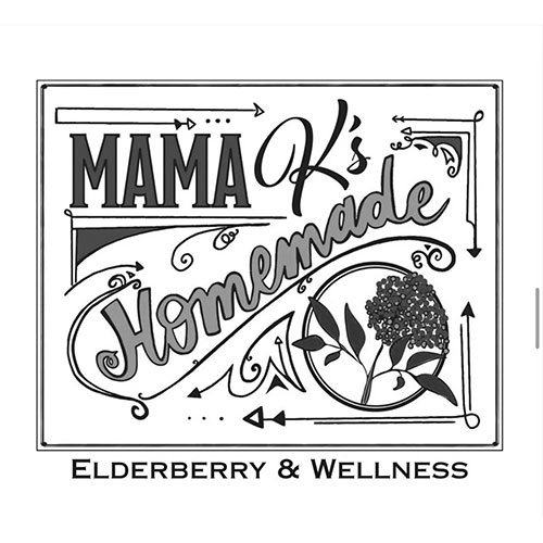 Black and white logo reading "Mama K's Homemade Elderberry & Wellness" with floral and arrow designs.