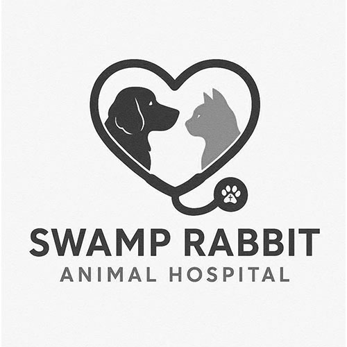 Logo with a dog and cat inside a heart-shaped stethoscope, text reads "Swamp Rabbit Animal Hospital.