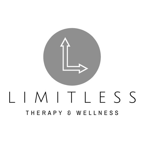 Logo for Limitless Therapy & Wellness with arrows forming an "L" inside a gray circle above the business name.
