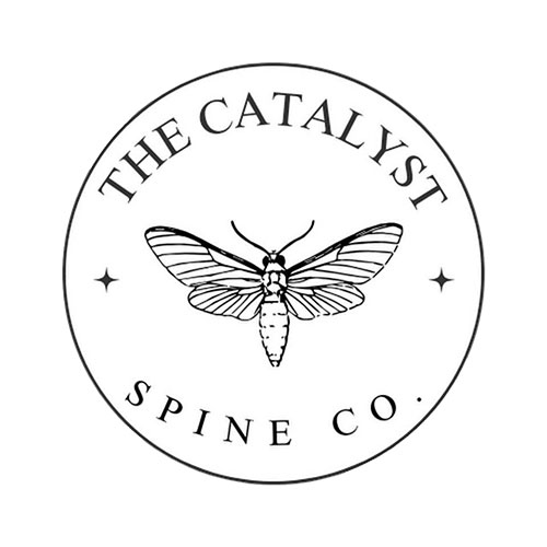 Black and white logo of The Catalyst Spine Co. with a detailed moth illustration inside a circular border.