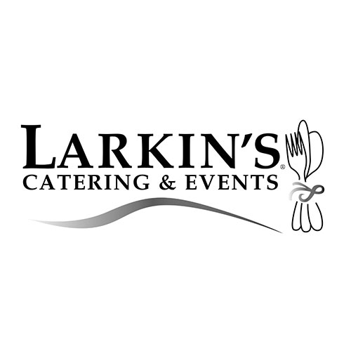 Larkin's Catering & Events logo with a fork, spoon, and knife tied with a ribbon on the right.