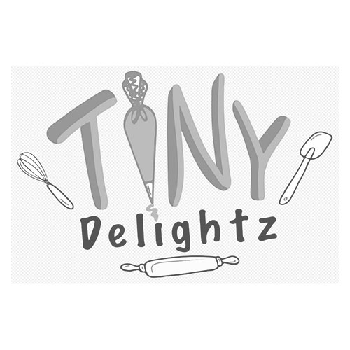 Logo for "Tiny Delightz" with baking tools: piping bag, whisk, spatula, and rolling pin around the text.