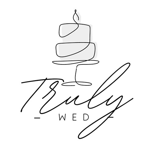 Minimalist line art of a tiered cake on a stand with the words "Truly Wed" in elegant script below.