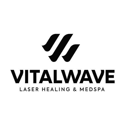 Vitalwave logo with abstract wave symbol and text "VITALWAVE LASER HEALING & MEDSPA" in bold, black letters.