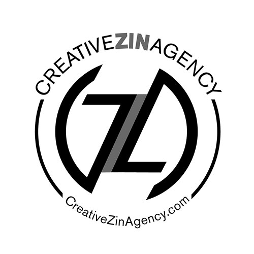 Black and white logo for Creative Zin Agency, featuring stylized letters "CZ" and the website CreativeZinAgency.com.