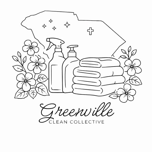 Outline of South Carolina, cleaning bottles, towels, flowers, and "Greenville Clean Collective" text below.