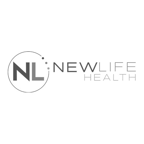 NL New Life Health logo in grayscale with modern lettering and minimalist circular design elements.