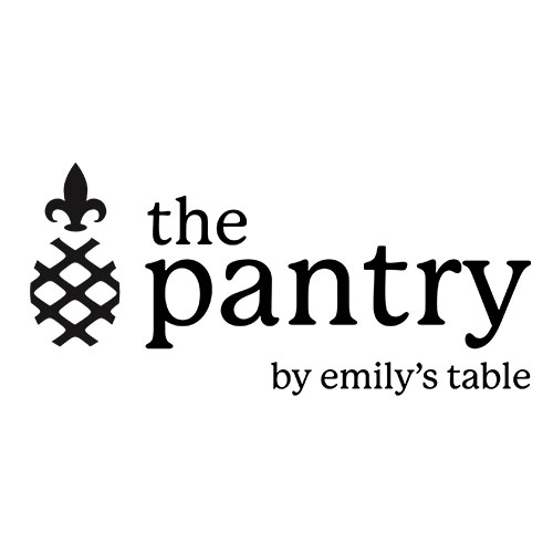 Black logo with a stylized pineapple and fleur-de-lis above the words "the pantry by emily’s table.