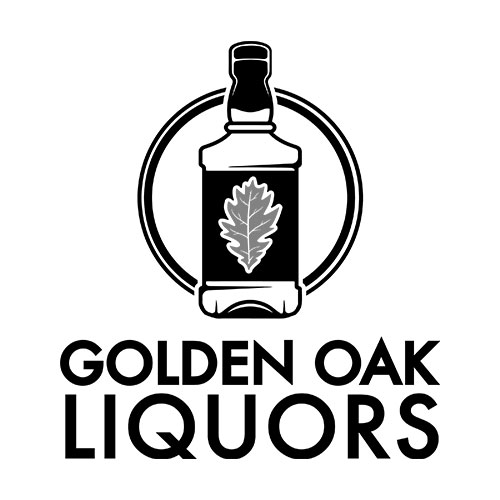 Logo with a liquor bottle featuring an oak leaf, and the text "GOLDEN OAK LIQUORS" below it.