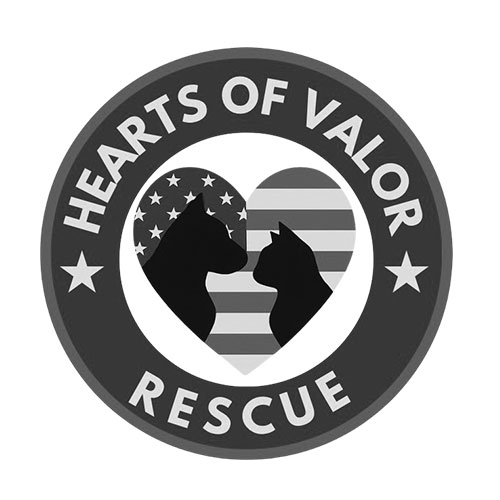 Circular logo with "Hearts of Valor Rescue," featuring a dog and cat inside a heart with a US flag pattern.