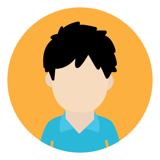 Cartoon avatar of a person with short black hair, wearing a blue collared shirt on an orange circle background.