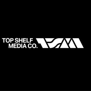 White "TOP SHELF MEDIA CO." text and geometric logo on a black background.