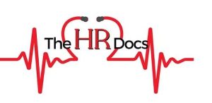 Logo with "The HR Docs" text, red heartbeat line, and a stethoscope forming a heart shape around "HR".