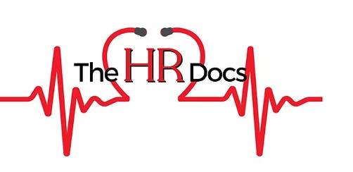 Logo with "The HR Docs" text, red heartbeat line, and a stethoscope forming a heart shape around "HR".