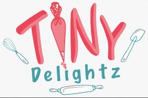 Logo reading "Tiny Delightz" with baking tools: whisk, piping bag, spatula, and rolling pin as design elements.