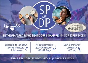 Event flyer for Sip and Dip featuring coffee, swimming, sponsors, and event details for May 31 at Larkin’s Sawmill.