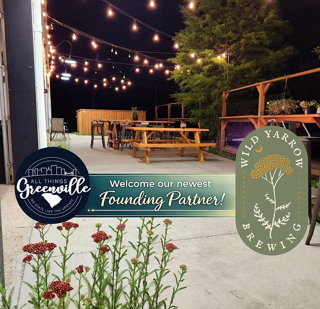 Outdoor brewery patio at night with string lights, picnic tables, and greenery; logos for Greenville and Wild Yarrow Brewing.