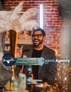 A man in glasses laughs at a social event, with "Ceemi Agency" and "Founding Partner" text overlaid.