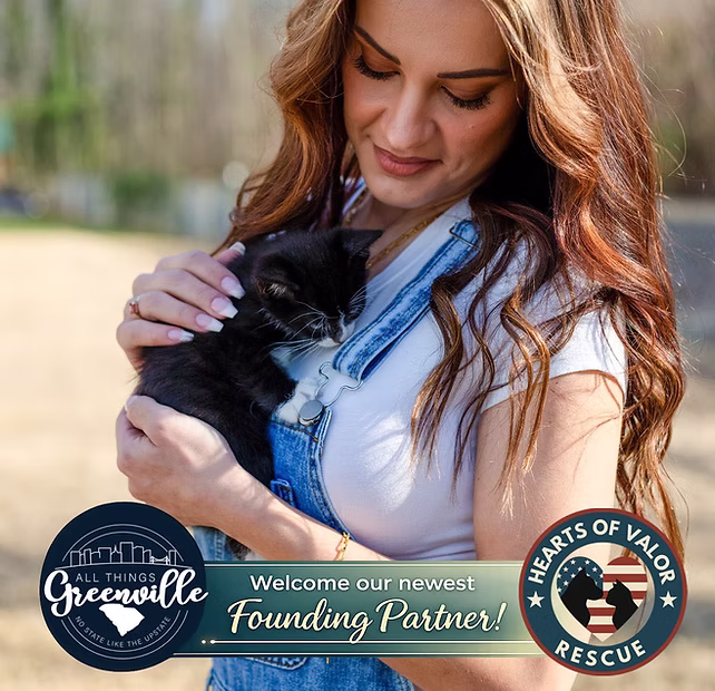 Woman in overalls cuddling a black kitten, with rescue organization logos and partnership announcement text.