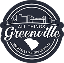 Circular logo with "All Things Greenville," city skyline, and "No State Like the Upstate" around a state outline.
