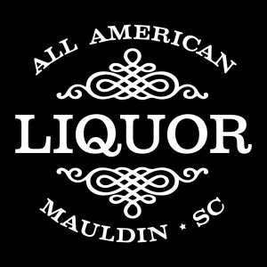 White text on black background reads "All American Liquor Mauldin SC" with decorative swirls above and below.