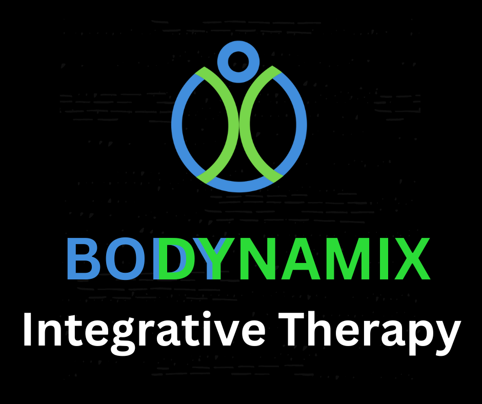 Logo with a blue and green abstract figure, text reads "BODYNAMIX Integrative Therapy" on a black background.