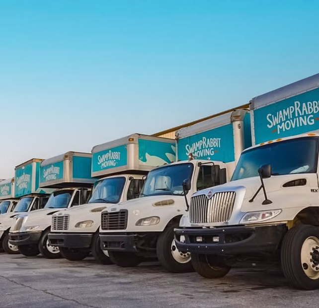 A row of Swamp Rabbit Moving trucks parked side by side under a clear blue sky.