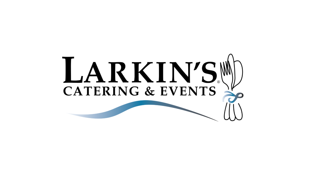 Larkin's Catering & Events logo with a blue wave and utensils tied with a ribbon on the right.