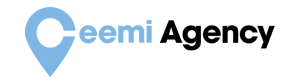 Logo with a blue location pin forming the letter "C," followed by "eemi Agency" in blue and black text.