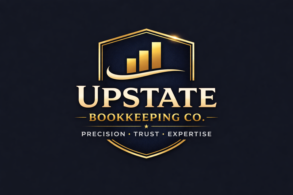 Gold and navy shield logo for Upstate Bookkeeping Co. with a rising bar graph and tagline: Precision, Trust, Expertise.