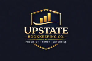Gold and navy shield logo for Upstate Bookkeeping Co. with a rising bar graph and tagline: Precision, Trust, Expertise.