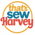 Text logo: "that's sew Harvey" in orange, teal, and red inside a partial orange circle.