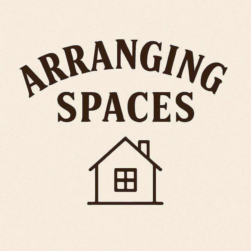Text "ARRANGING SPACES" above a simple outline of a house with a window and chimney.