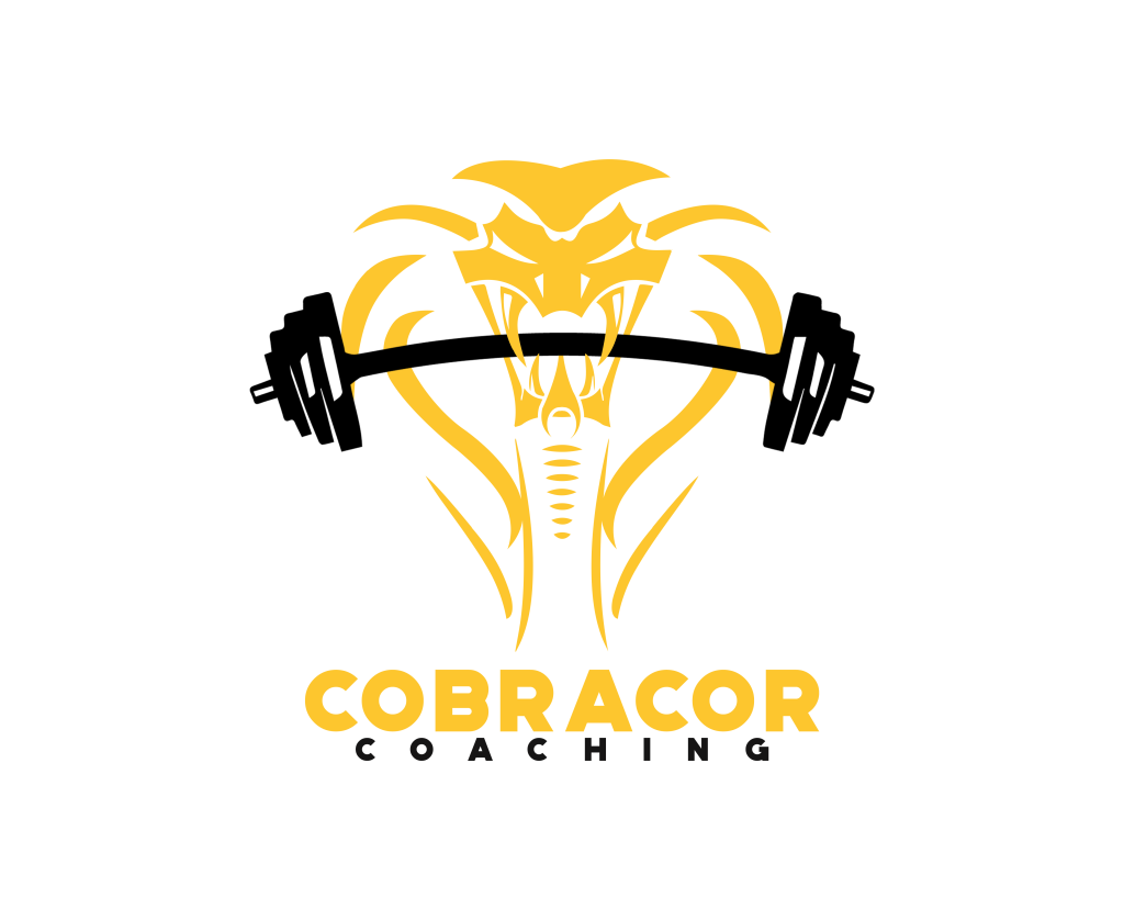Yellow cobra holding a barbell in its mouth, with "Cobracor Coaching" text below in bold letters.