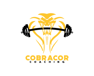 Yellow cobra holding a barbell in its mouth, with "Cobracor Coaching" text below in bold letters.
