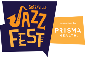 Greenville Jazz Fest logo, presented by Prisma Health, with musical instrument-themed lettering.