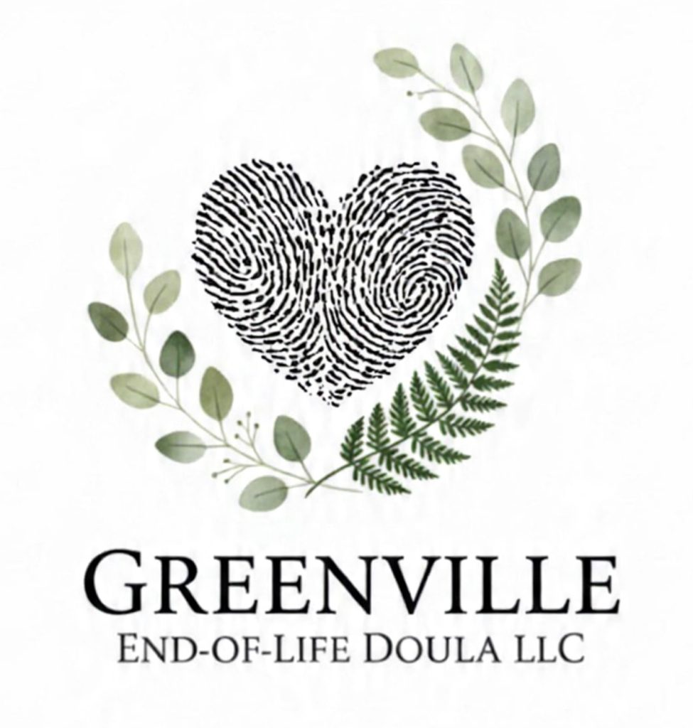 A heart-shaped fingerprint surrounded by leafy branches above the text "Greenville End-of-Life Doula LLC.