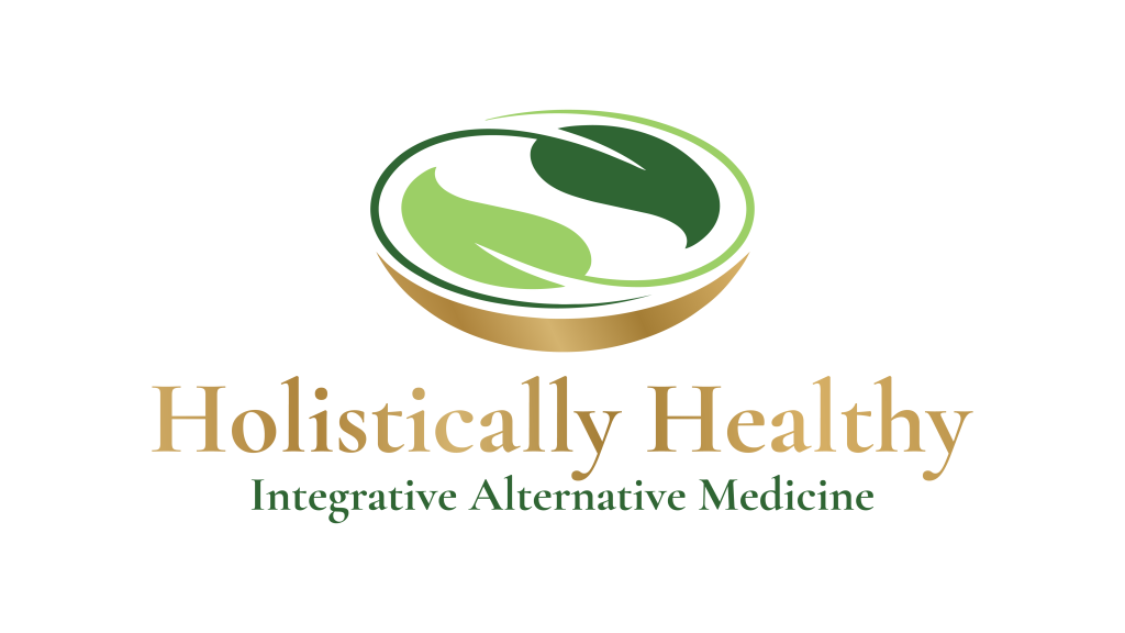 Logo for Holistically Healthy Integrative Alternative Medicine with green and gold leaf design.