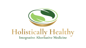 Logo for Holistically Healthy Integrative Alternative Medicine with green and gold leaf design.