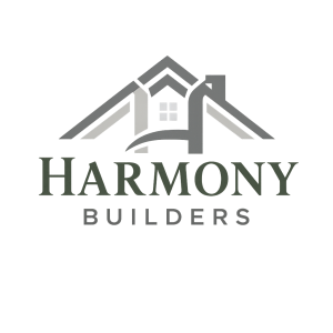 Logo for Harmony Builders featuring a stylized house roof above the company name in green and gray text.
