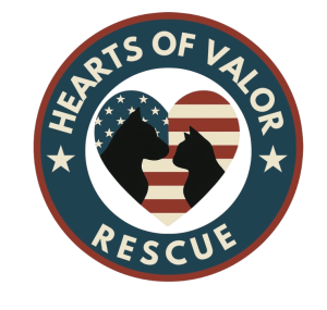 A logo with "Hearts of Valor Rescue," two pets in a heart with a U.S. flag pattern in the background.