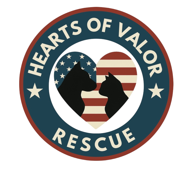 A logo with "Hearts of Valor Rescue," two pets in a heart with a U.S. flag pattern in the background.