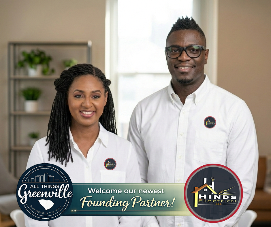 Two people in white shirts smile indoors. Graphics announce Hinds Electrical as a new founding partner of Greenville.