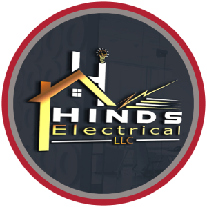 Logo for Hinds Electrical LLC with a house, lightning bolt, and light bulb design in a red and gray circle.