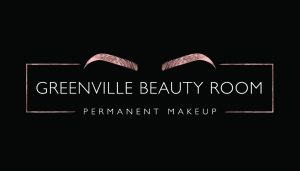 Logo with stylized eyebrows above the text "Greenville Beauty Room Permanent Makeup" on a black background.