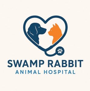 Logo with a dog and cat facing each other inside a heart-shaped stethoscope; text reads "Swamp Rabbit Animal Hospital".