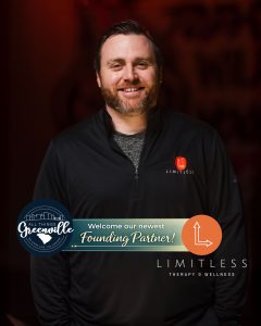 Smiling man in a Limitless Therapy shirt with “Founding Partner” and Limitless Therapy & Wellness logos.