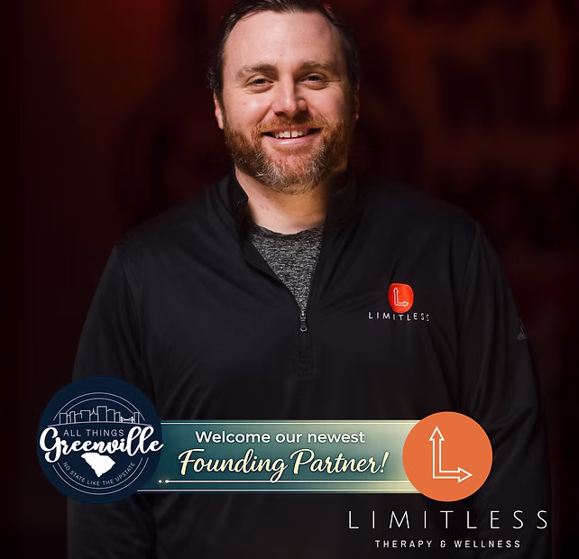 Smiling man in a black Limitless jacket with "Founding Partner" and Limitless Therapy & Wellness logos.