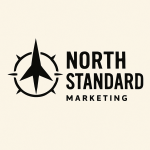 Black compass logo with bold text reading "North Standard Marketing" on a light background.